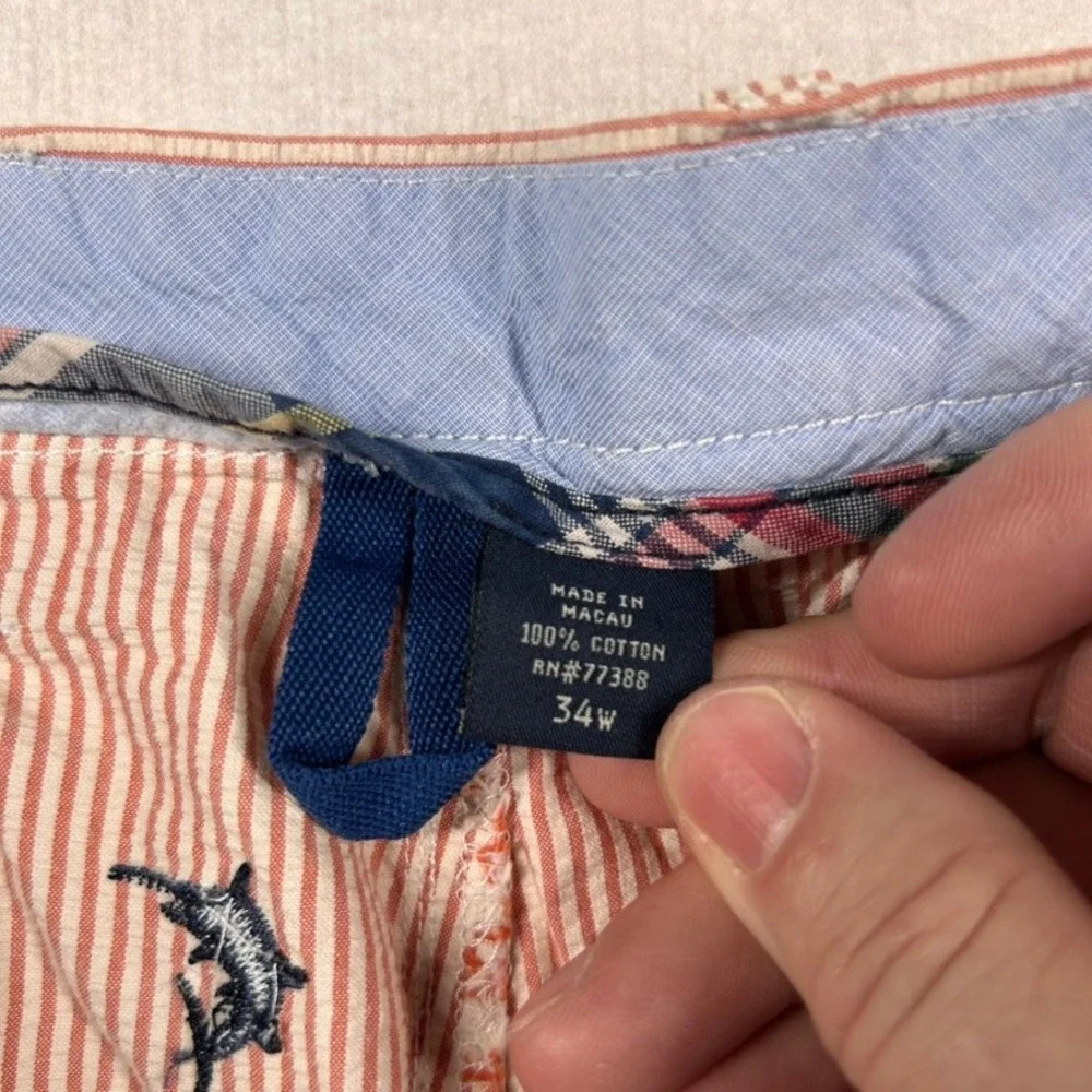 J.Crew Shorts Mens 34 Seersucker Striped Embroidered Swordfish Orange Tan Preppy